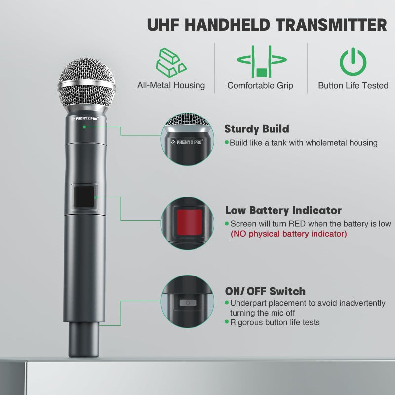 Phenyx Pro Professional Wireless Microphone, 541.9MHz UHF Dynamic Microphone, Metal Cordless Mic, Handheld Mic Transmitter for PTU-5000/PTU-4000 Series (PWH-5-541.9) - Image 2
